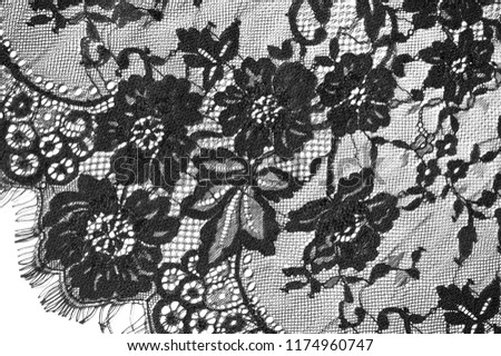 exture background, pattern. black lace fabric. This beautiful lace fabric is perfect for your design, overlays, accents and wallpapers. It has a jagged border along both edges adorned with filaments