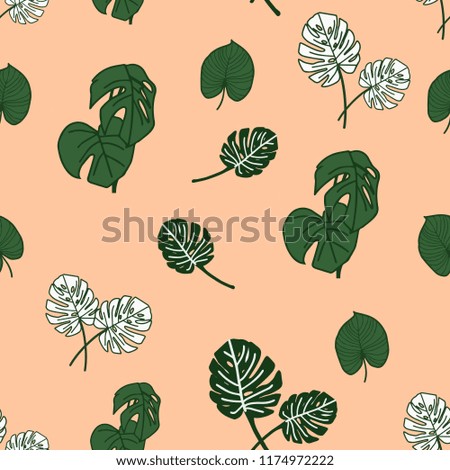 Seamless pattern of tropical many type of leaf on color background. EPS10 Vector illustration.