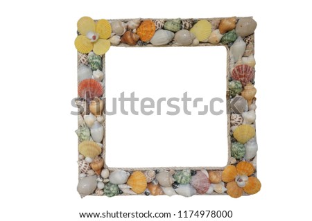 Isolated colorful seashell frame idea with free space for text or message is on the white background