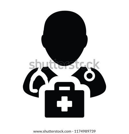 First aid icon vector male doctor person profile avatar with Stethoscope and first aid kit bag for Medical Consultation in Glyph Pictogram illustration