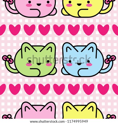 Vector seamless pattern. Kawaii background. Cute cartoon cats.  Textile rapport.