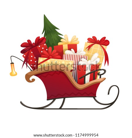 Santa's sleigh with Christmas gifts boxes with bows and Christmas tree. Vector illustration Royalty-Free Stock Photo #1174999954