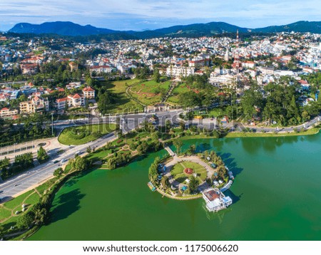 town, new, tower, construction, building, asia, asean, 
Top view aerial photo from flying drone of a Da Lat City with development buildings, transportation. Tourist city in developed Vietnam.
