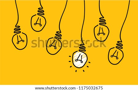 Vibes, brain electric lamp idea doodle FAQ, business loading concept Fun vector creative light bulb icon or sign ideas Brilliant lightbulb education  or inventions pictogram Think big Great. Strategy Royalty-Free Stock Photo #1175032675