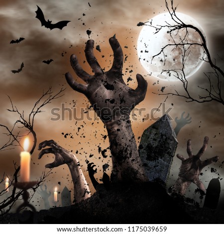 Scary Halloween background with zombie hands. Horror theme.