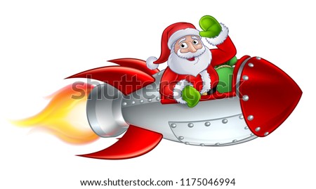 Santa Claus Christmas cartoon character riding in rocket ship sleigh waving