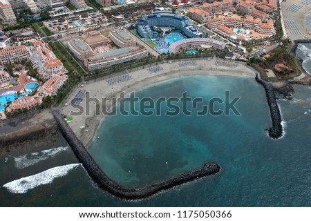 Aerial photography of beaches and hotels in Playa de las Americas, Tenerife, Canary Islands