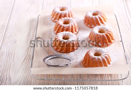 Mini bundt cakes with icing sugar on rack Royalty-Free Stock Photo #1175057818