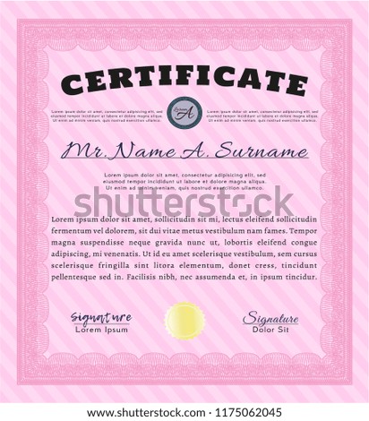 Pink Certificate of achievement. Superior design. With guilloche pattern. Detailed. 