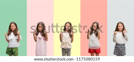 Collage of brunette hispanic girl wearing different outfits success sign doing positive gesture with hand, thumbs up smiling and happy. Looking at the camera with cheerful expression, winner gesture.
