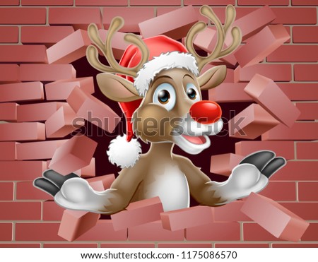 An illustration of a cartoon Christmas Reindeer in Santa Hat breaking through a wall background