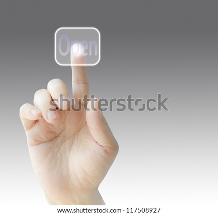 Hand pressing  virtual "Open" buttons on virtual screen , isolated background