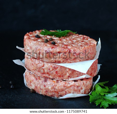 raw beef patties on a black background. Burger Patties.  close-up. copy space. place for text.