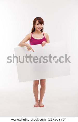 Pretty asian woman holding a penel isolated on white background.