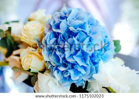 A close up picture of wedding flower arrangement with white roses and blue hydrangea.