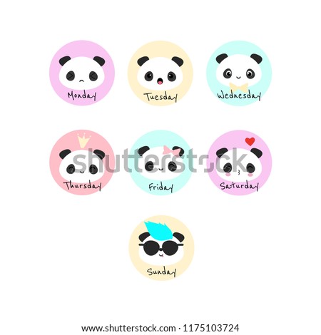 Set of 7 vector circles with panda bear and names of the week days. Perfect for stickers, bullet journalling, scrapbooking, etc. Royalty-Free Stock Photo #1175103724