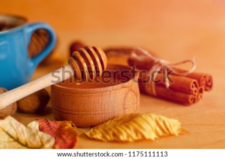 Honey dipper ,hazelnut,cinnamon and  fallen leaves on wooden background. Front view. Close up. Toned image.