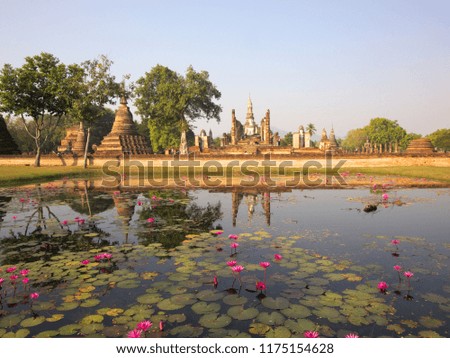 Buddha statue at sukhothai wat with water lily, Sukhothai, Thailand