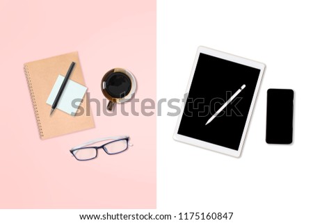 Flat lay photo of office table with notebook and digital tablet and accessories. on modern two tone (white and pink) background. Desktop office mockup concept.