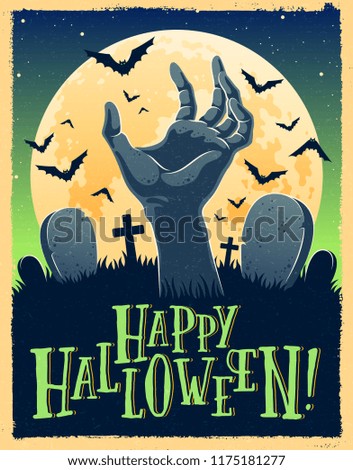 Vector illustration of a zombie hand and bats in a graveyard under the full moon with Happy Halloween text.