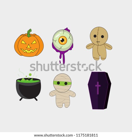 vector set with Halloween illustrations and icons, pumpkin, jack o' lantern, witch, bat, skull, ghost, black cat
