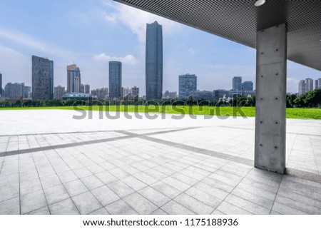 empty square with ctiy skyline in shanghai china