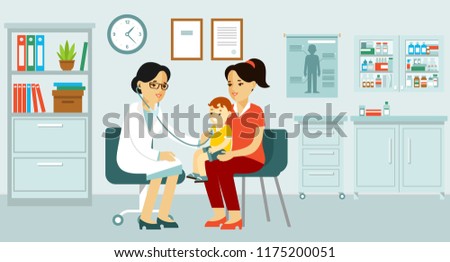 Pediatrician doctor concept. Young woman practitioner and happy family with mother and kid in hospital.
Doctor doing medical examination of child with stethoscope. Consultation, medical diagnosis