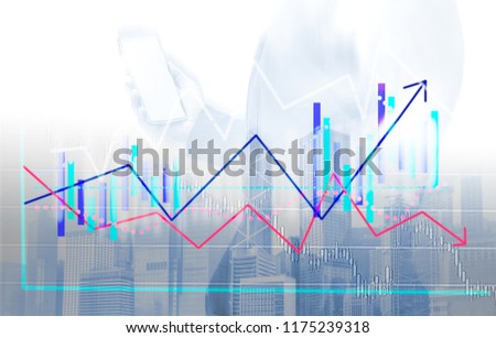Businessman and Hong Kong city view with index chart on background. double exposure