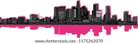 Los Angeles city skyline detailed vector illustration. Black silhouette with colour reflection Royalty-Free Stock Photo #1175262070