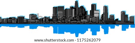 Los Angeles city skyline detailed vector illustration. Black silhouette with colour reflection Royalty-Free Stock Photo #1175262079