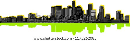 Los Angeles city skyline detailed vector illustration. Black silhouette with colour reflection Royalty-Free Stock Photo #1175262085
