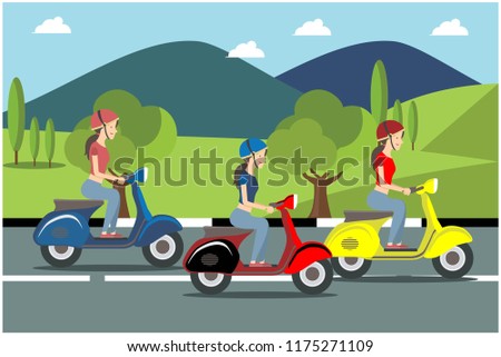 enjoy the view of riding a scooter with friends, vector illustration