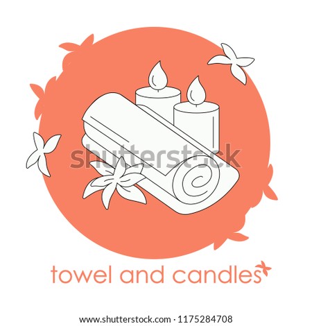 Vector design of icon towel and candles. Hand drawn linear logotype for the spa, massage or organic shops
