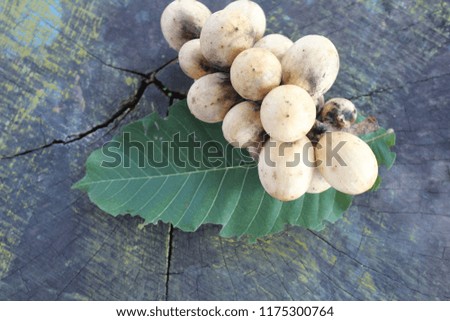 Longkong and green leaves on a gray stump