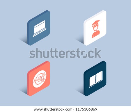Set of Notebook, Student and Targeting icons. Book sign. Laptop computer, Graduation cap, Target with arrows. E-learning course.  3d isometric buttons. Flat design concept. Vector