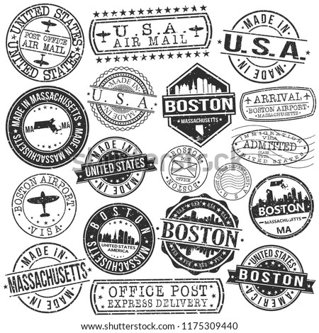 Boston Massachusetts Stamp Vector Art Postal Passport Travel Design Set