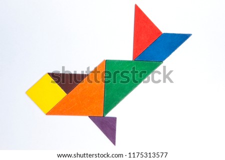 Colorful wood tangram puzzle in shape on white background