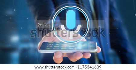 View of a Businessman holding a Vocal search system with button and icon3d rendering