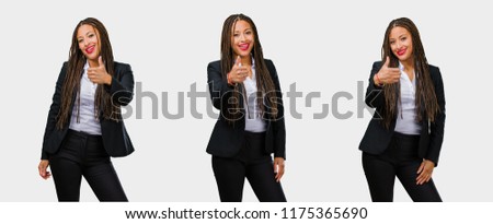 Set or collection of young business black woman cheerful and excited, smiling and raising her thumb up, concept of success and approval, ok gesture