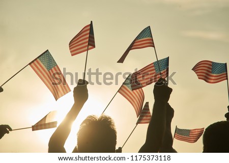 Waving american flags, close up. Morning sky background.