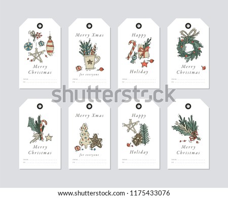 Vector linear design Christmas greetings elements on white background. Christmas tags set with typography and colorful icon Royalty-Free Stock Photo #1175433076