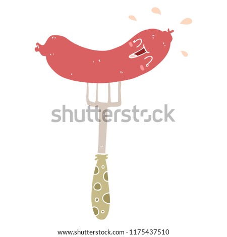 flat color style cartoon happy sausage on fork
