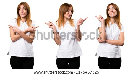Set of Beautiful young girl pointing to the laterals having doubts