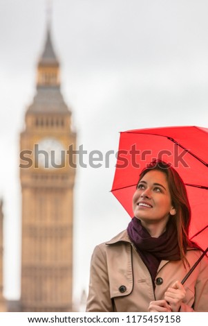Girl or young woman tourist on vacation with a red umbrella with Big Ben in the background, London, England, Great Britain