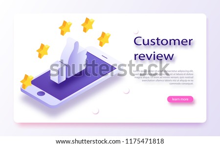 Customer review concept. Feedback, reputation and quality concept. Hand pointing, finger pointing to five star rating. Customer review, Usability Evaluation, Feedback, Rating system isometric concept. Royalty-Free Stock Photo #1175471818
