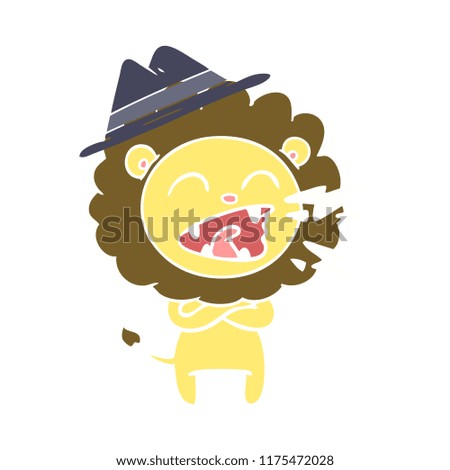 flat color style cartoon roaring lion wearing hat