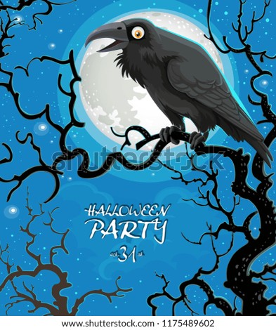 Leaflet invitation to celebrate Halloween black raven sits on a tree branch against the background of the moon