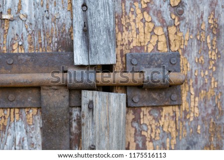 An old hinge mounted in the door. Old carpentry structures. Season of the summer.
