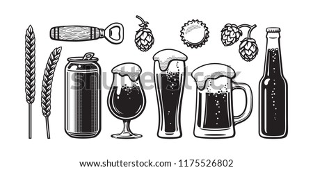 Vintage beer set. Barley, wheat, can, glass, mug, bottle, opener, hop, bottle cap. Vector illustration. Brewery, beer festival, bar, pub design. Hand drawn vector isolated on white backgraund.