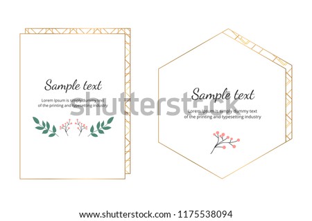 Geometric polygonal frames with golden lines, triangles, hexagon and leaves. Botanical design templates for wedding, invitation, save the date, banner, poster, card, placard, flyer, invite, greeting
